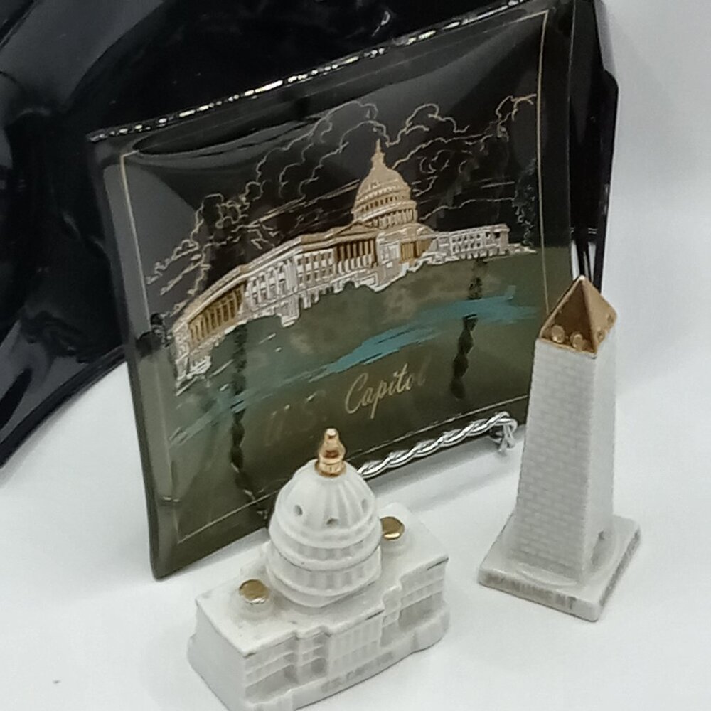 WASHINGTON US CAPITOL DC Souvenirs S&P Japan and Black Glass Hostess Tray Vtg